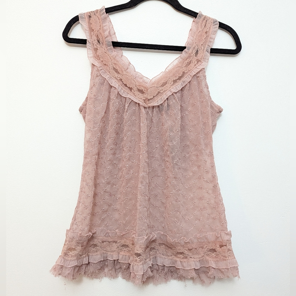 Passport Y2K Dusty Pink Lacy Ruffle Trim Tank Top Romantic Parisian M